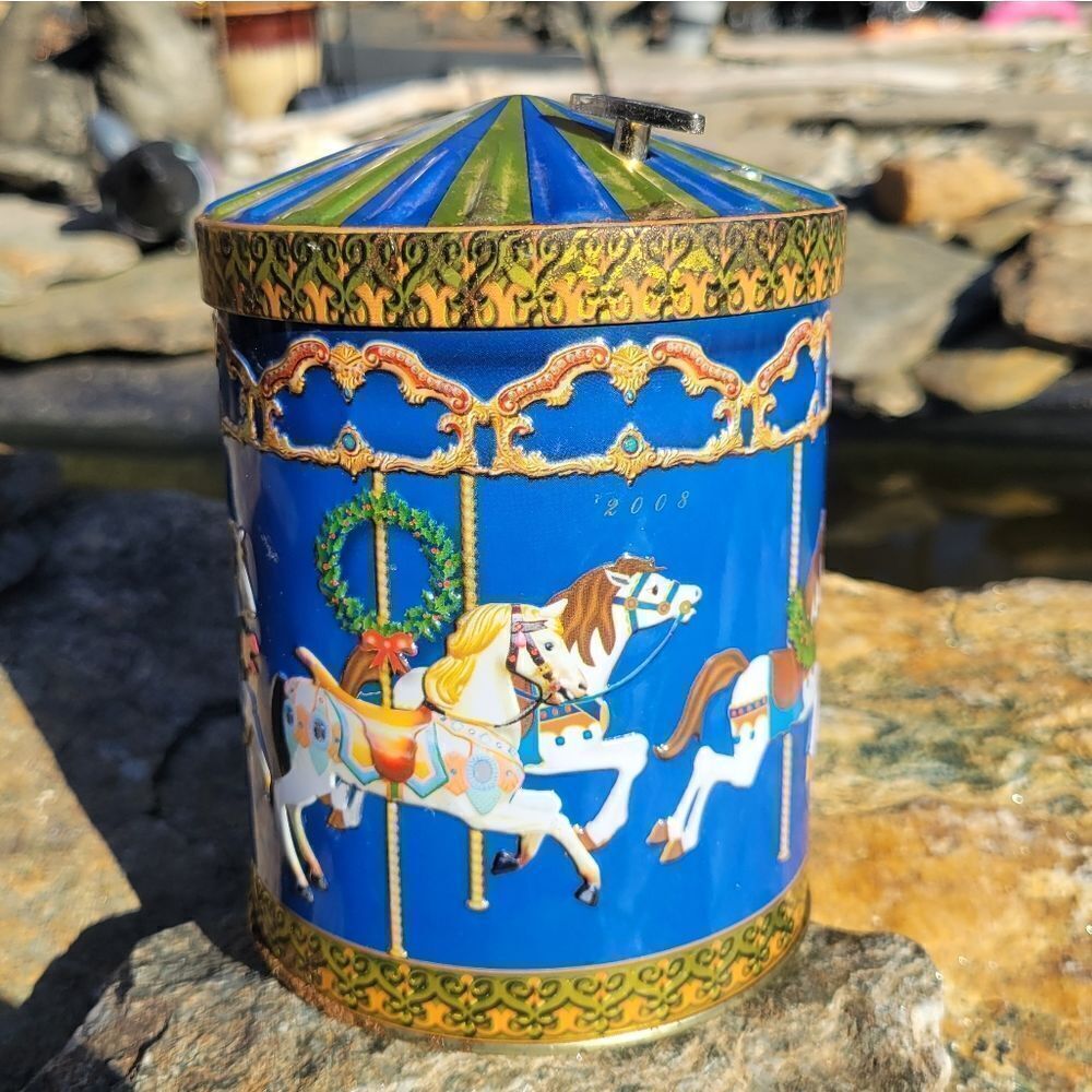 Germany Blue Musical Carousel Horse Tin.